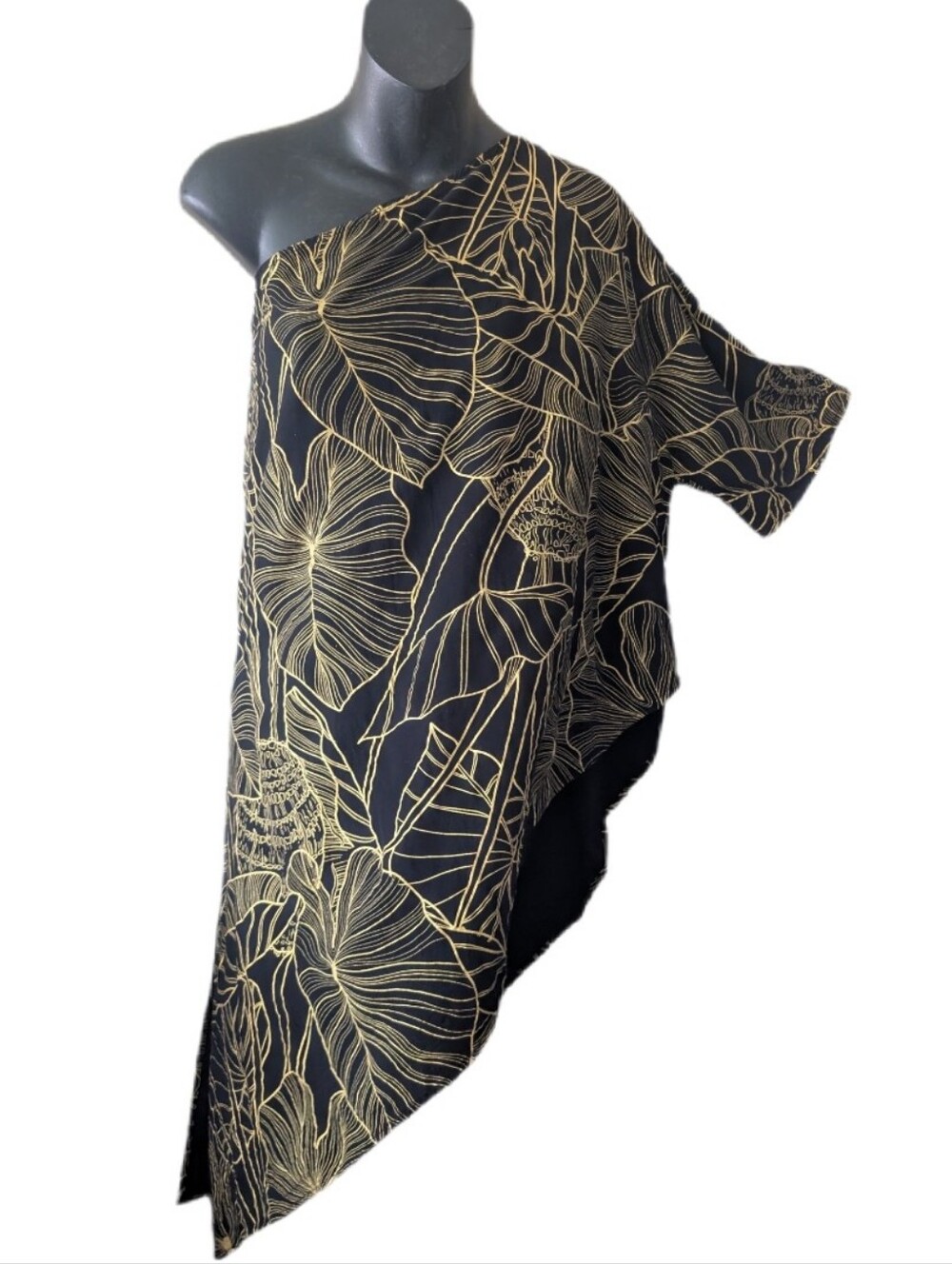 LexBreezy off shoulder one sleeve metallic Gold tropical top XXL